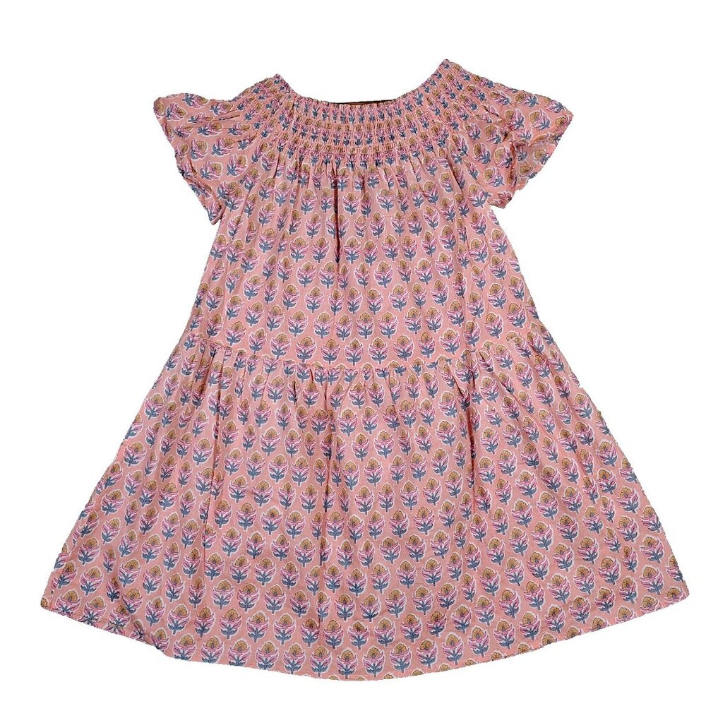 Marea Louise Dress Women's M Pink Multi Floral Smocked Off-The-Shoulder Cottage